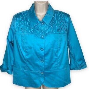 NWT Erin London Crop Embroidered Rhinestones 3/4 Sleeve Jacket Turquoise Medium